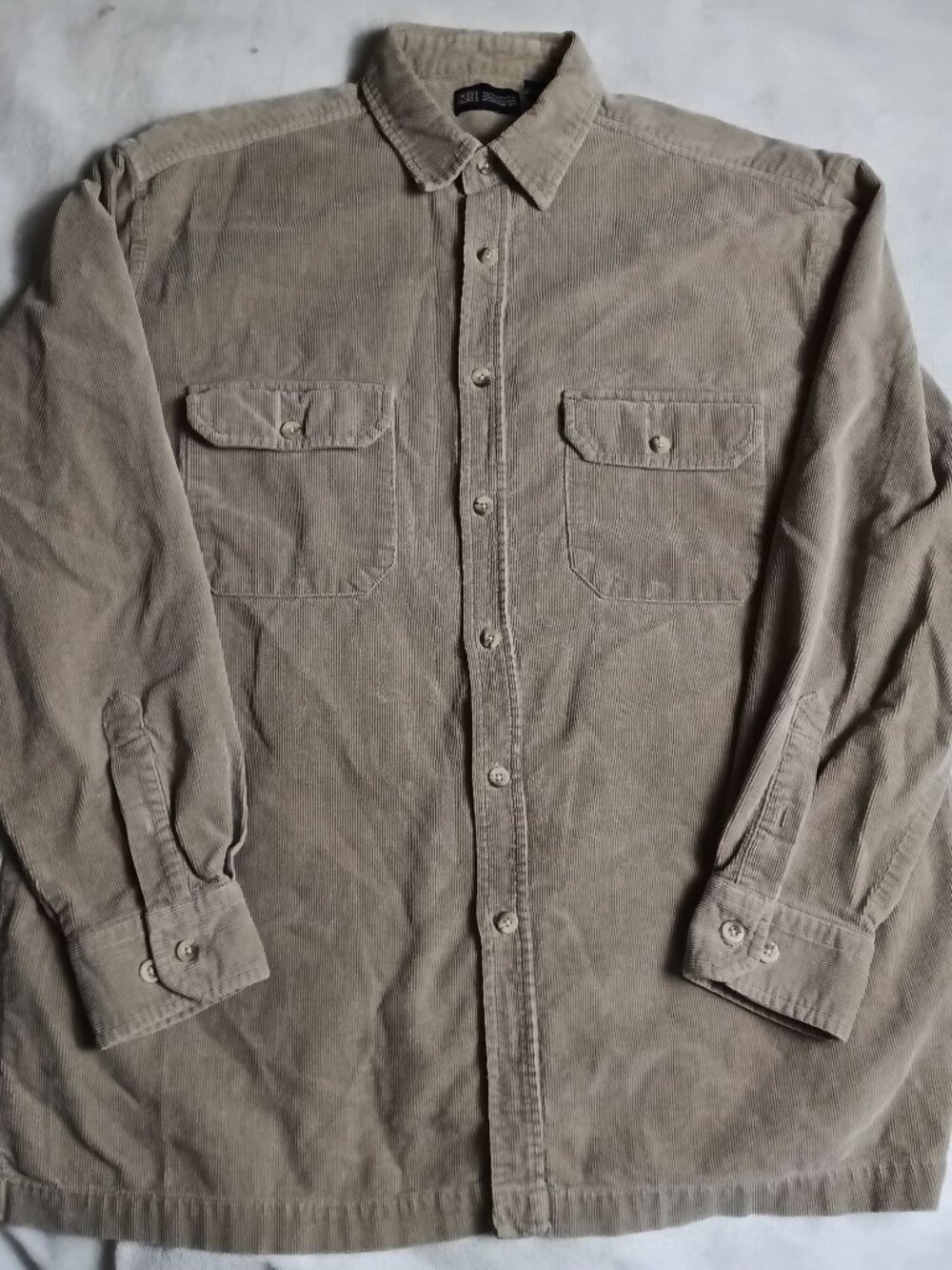 Vtg Faded Glory Men L Corduroy Button Shirt Khaki Tan 2 Pocket Utility Shacket